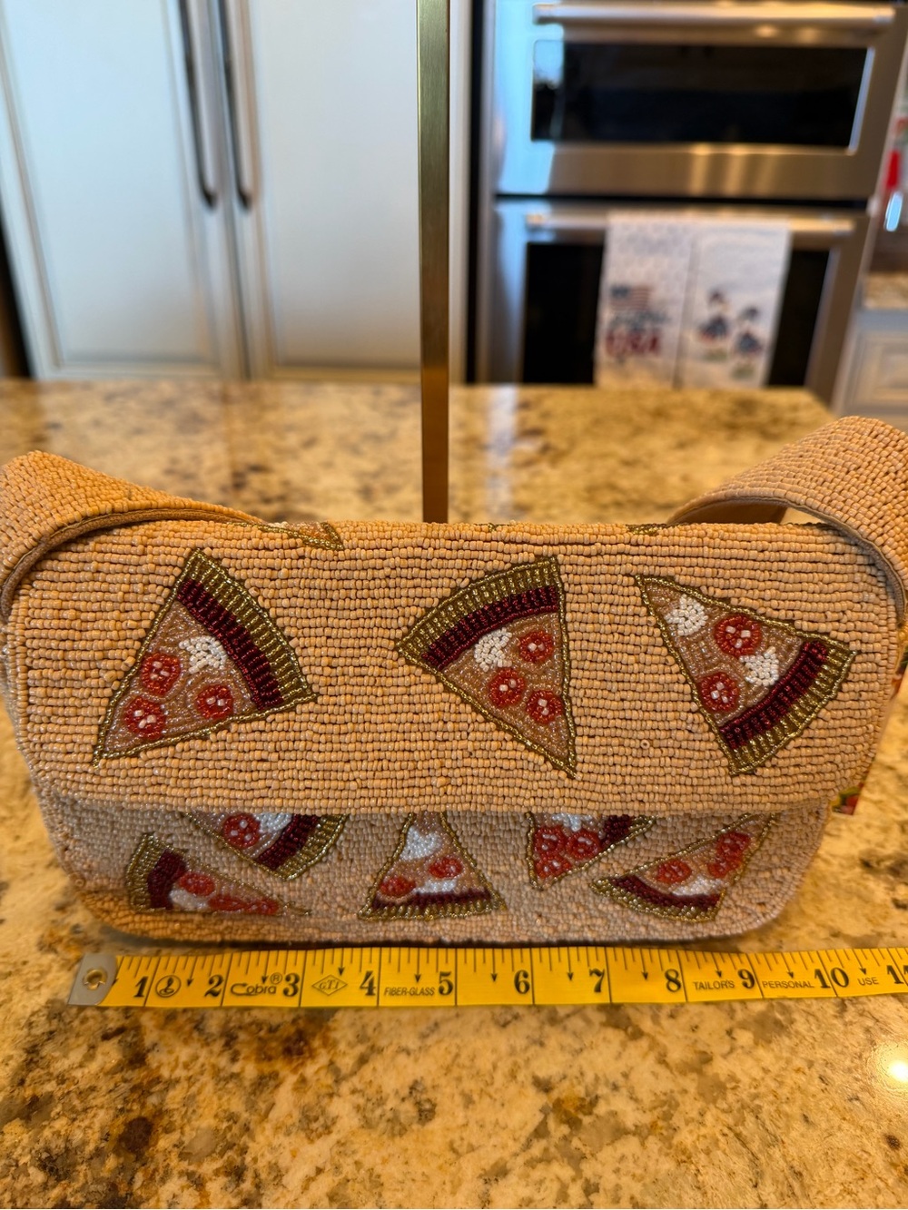Beaded Beige Shoulder Bag with Pizza Slice Motif - Picture 9 of 10